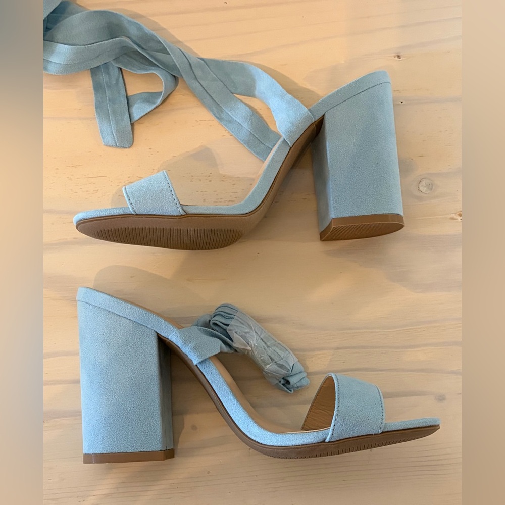 💙 NEW Lulus Blue Ribbon Wrap Block Heel Sandals – Size 7.5 💙